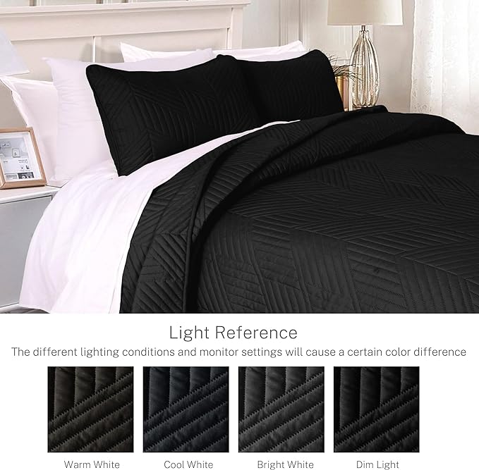 Exclusivo Mezcla Ultrasonic Full Queen Quilt Bedding Set, Lightweight Black Bedspreads Soft Modern Geometric Coverlet Set for All Seasons (1 Quilt and 2 Pillow Shams)