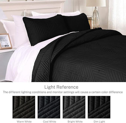 Exclusivo Mezcla Ultrasonic Full Queen Quilt Bedding Set, Lightweight Black Bedspreads Soft Modern Geometric Coverlet Set for All Seasons (1 Quilt and 2 Pillow Shams)