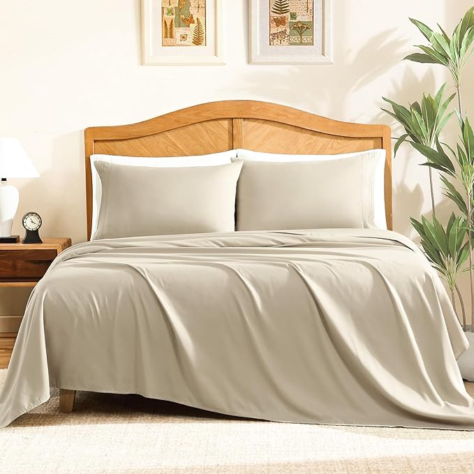 ClevaHome Sheet Set Full Size, 4-Piece Bedding, Lightweight & Super Soft Easy Care Microfiber– Shrinkage & Fade Resistant Bedding Set with 14'' Deep Pockets (Sandy Beige)
