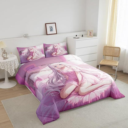 Erosebridal Twin Size Japanese Anime Comforter Set for Kids, Anime Girl Bedding Set Kawaii Japanese Style Quilt Cartoon Japan Animation Duvet Insert for Boys Teens Adult Women Bedroom, Pink