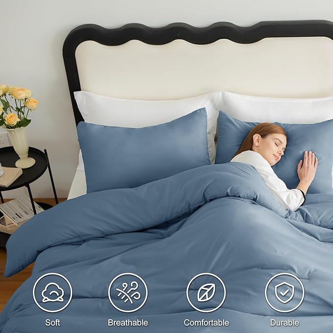CozyLux Oversized Queen Comforter Set Grayish Blue, 3 Pieces 98x98 Solid Breathable Bedding Set All Season, Dusty Blue Luxury Soft Lightweight Bed Set with Down Alternative Comforter and 2 Pillowcases