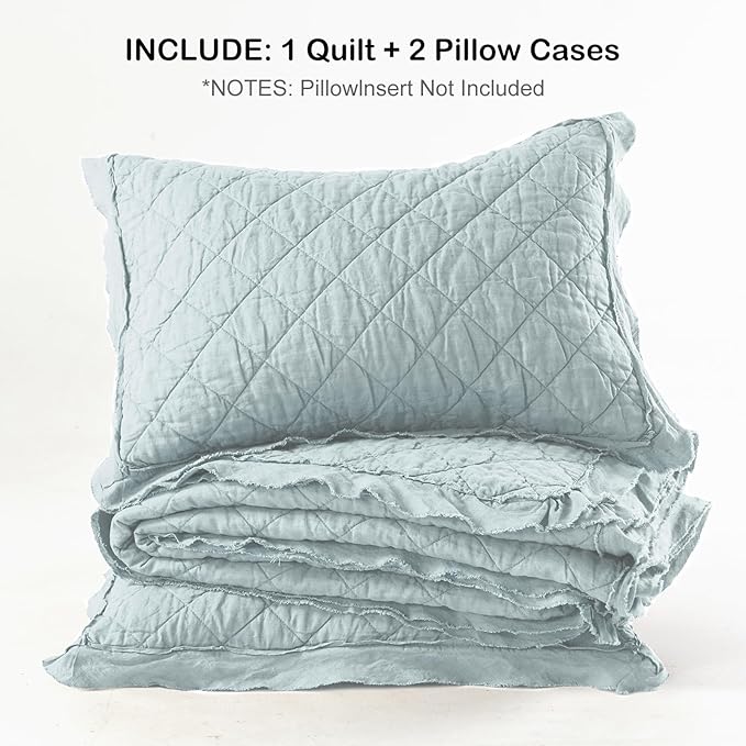 HORIMOTE HOME 100% Linen Front/100% Cotton Back Quilt Set Queen Size, Paleturquoise Pre-Washed European Flax Linen Quilt, Diamond Stitch Bedspread Coverlet Bedding Set 3-Piece for All Seasons