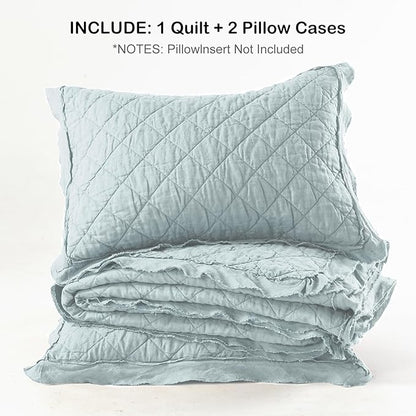 HORIMOTE HOME 100% Linen Front/100% Cotton Back Quilt Set Queen Size, Paleturquoise Pre-Washed European Flax Linen Quilt, Diamond Stitch Bedspread Coverlet Bedding Set 3-Piece for All Seasons