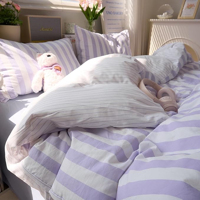Purple Striped Duvet Covers King Vintage Cute King Size Comforter Cover Soft Farmhouse Boho Hotel Duvet Cover Set with Hidden Zipper Dorm Room Girls Bedding Washed Microfiber Duvet Protector