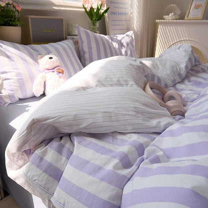 Purple Striped Duvet Covers King Vintage Cute King Size Comforter Cover Soft Farmhouse Boho Hotel Duvet Cover Set with Hidden Zipper Dorm Room Girls Bedding Washed Microfiber Duvet Protector