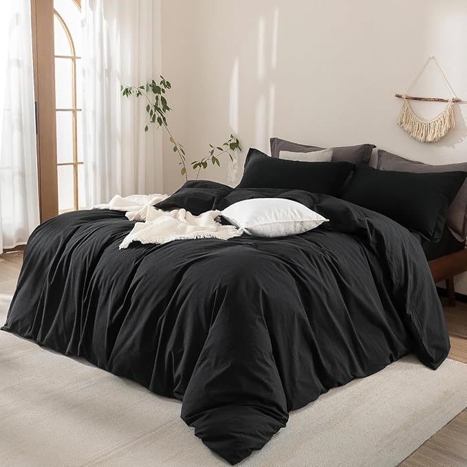 Black Duvet Cover Oversized King Size 100% Washed Cotton Bedding Set Cover 1 Duvet Cover with Zipper Closure and 2 Pillowcases, 120inch x 98inch