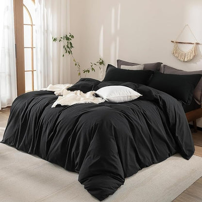 Black Duvet Cover Oversized King Size 100% Washed Cotton Bedding Set Cover 1 Duvet Cover with Zipper Closure and 2 Pillowcases, 120inch x 98inch