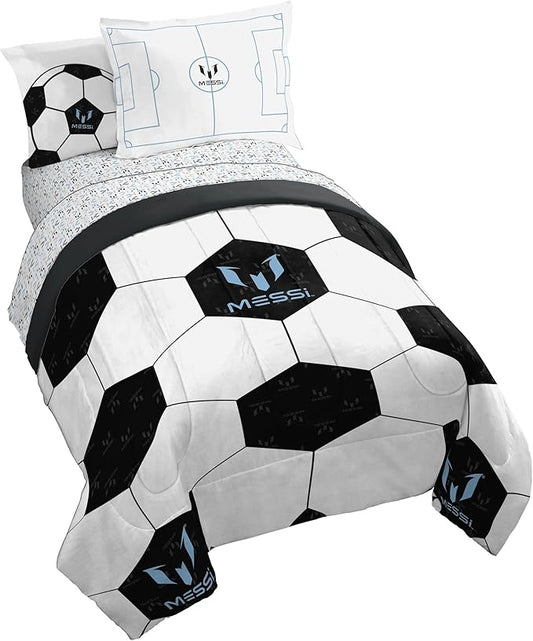 Jay Franco Kids Comforter Set Includes Sheets and Pillow Cover - Soft and Cozy Bed Set for Stylish Room Décor, White - Messi, 5 Piece Twin