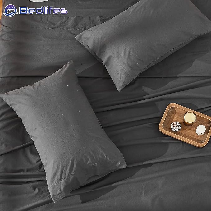 Bedlifes 100% French Pure Linen Sheets Queen Size Breathable and Cooling Flax Sheet Set Soft Durable and Moisture Wicking 16 Inch Deep Pocket-4 Piece(Queen,Dark Grey)