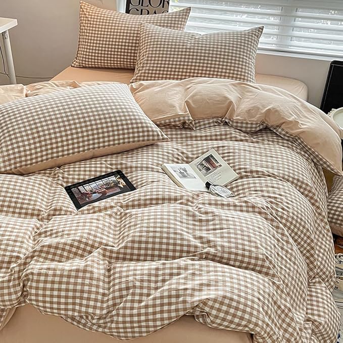 Nayoroom Brown Gingham Duvet Cover Queen Size 100% Washed Cotton Duvet Cover 3 Pieces Soft Breathable Yarn-Dyed Plaid Checkered Girls Dorm Bedding Set for All Seasons