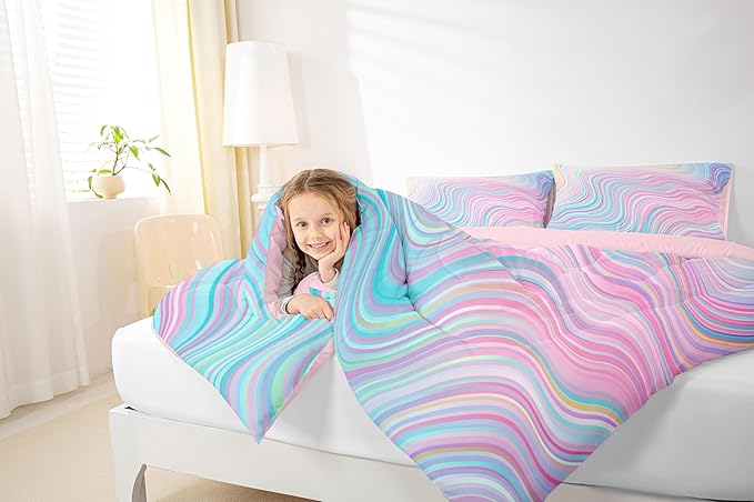 Feelyou Girls Pink Comforter Set Full Size Kids Rainbow Stripe Bedding Set for Boys Teens Women Die Tye Comforter Breathable Geometric Duvet Princess Decor Quilt,1 Comforter with 2 Pillowcase