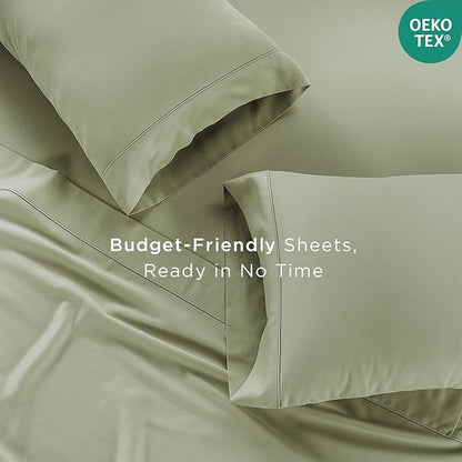 Threadmill 100% Cotton Sheets for King Size Bed | 4 Pc King Bed Sheets Set | Soft, Breathable Lightweight Solid Sateen for All-Season Use | Snug Fit Elastic Deep Pocket King Sheets | Sage Green