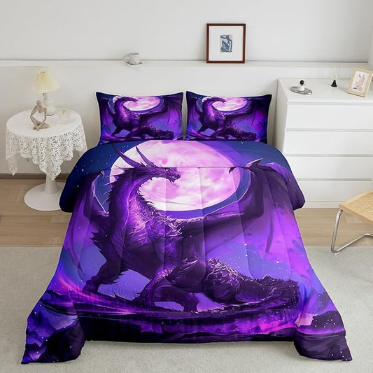 Purple Dragon Comforter Set Full Size,3D Moon Starry Sky Glitter Bedding Set for Kids Boys Girls Room Decor,Wild Animal Print Quilt Set,Flying Magical Dragon Trippy Duvet Insert 3Pcs,2 Pillowcases