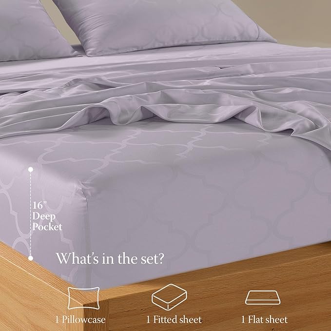 Threadmill Cotton Twin XL Sheet Set | 100% Cotton Sheets for Twin XL Size Bed | Damask Jacquard Sateen Twin XL Bed Sheets Set with 16” Deep Pocket | Soft Breathable 3-Piece Cooling Sheet Set | Lilac