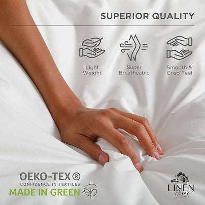 Linen Home 100% Cotton Percale Sheet Set, Full Size, Snow White, Deep Pocket, 6 Pieces Set - 1 Flat, 1 Deep Pocket Fitted Sheet and 4 Pillowcases, Crisp Cool and Strong Bed Linen