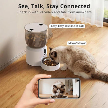 Automatic Cat Feeder with Camera, 2K WiFi Pet Feeder, 4L | 5G & 2.4G Dual-Band WiFi, Night Vision, Two-Way Talk, Call Pet Sound, Custom Portion Control, Low Food Alerts, Easy to Clean