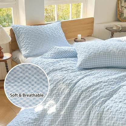 NSNLGSGC Light Blue Gingham Queen Quilt Set, Soft Pre-Washed Microfiber Blue Plaid Queen Bedspread, Lightweight Checked Summer Quilt, Grid Bedding Coverlets for All Seasons