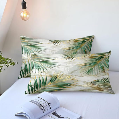 Green Palm Leaf Comforter King Tropical Palm Leaves Comforter Sets Chic Botanical Leaf on White Gold Marble Comforter Set Aesthetic Art Bed Comforter with 2 Pillowcases