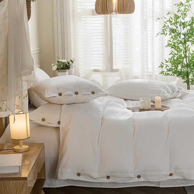 JELLYMONI Cotton Duvet Cover Twin XL Size - Bright White Comforter Cover with Button 100% Washed Cotton 2PCS Breathable Soft Solid Bedding Set Duvet Cover 66×92in & 1 Pillowcase (NO Comforter)