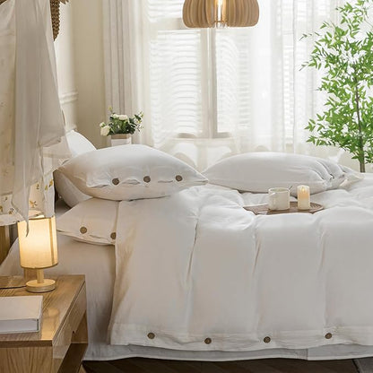 JELLYMONI Cotton Duvet Cover Twin Size - Bright White Comforter Cover with Button 100% Washed Cotton 2PCS Breathable Soft Solid Bedding Set Duvet Cover 68×90in & 1 Pillowcase (NO Comforter)