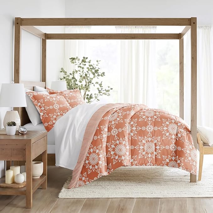 LINENS & HUTCH Comforter Set Patterned Microfiber All Season Down-Alternative Ultra Soft Bedding in Daisy Medallion - Twin/TwinXL Daisy Medallion Clay