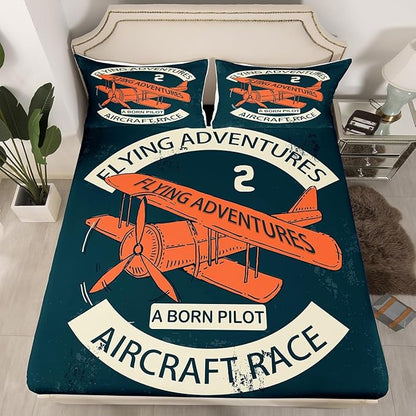 Castle Fairy Retro Aircraft Bed Sheet Set Twin Size,Vintage Airplane Orange Painting Sheet Set Kids Teens,Flying Adventure Helicopter Bedding Decor Set with 1 Flat & 1 Fitted Sheet with 1 Pillow Sham