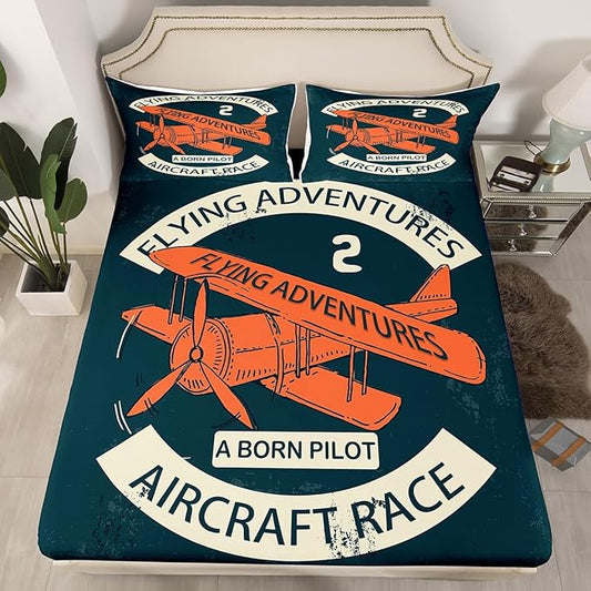 Castle Fairy Retro Aircraft Bed Sheet Set Twin Size,Vintage Airplane Orange Painting Sheet Set Kids Teens,Flying Adventure Helicopter Bedding Decor Set with 1 Flat & 1 Fitted Sheet with 1 Pillow Sham