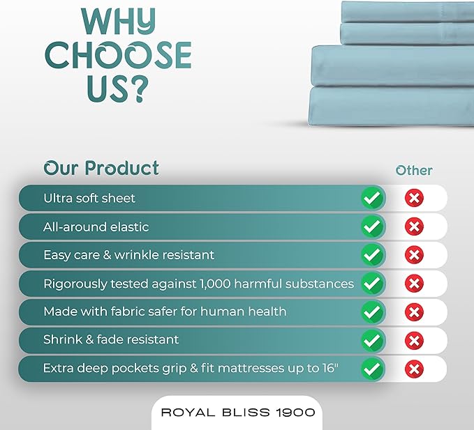 Royal Bliss King Size Sheets Set - 4 Piece Bedding - Wrinkle Free, Double Brushed, Cooling Bed Sheets - King Size (Aqua)
