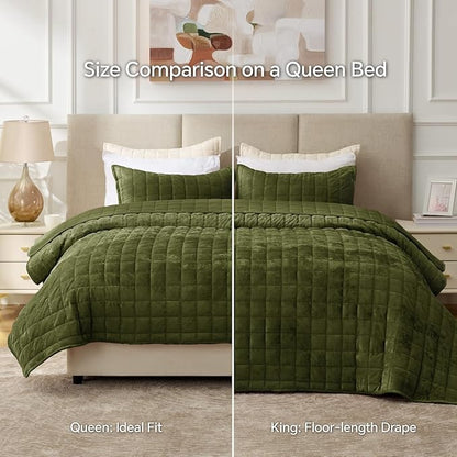 BEDELITE Velvet Quilt Set King Size - Luxury Velvet Comforter Bedding Set 3 Pieces, Lightweight Soft Cozy Olive Green Oversized Bedspread Coverlet for All Seasons with 2 Pillow Shams