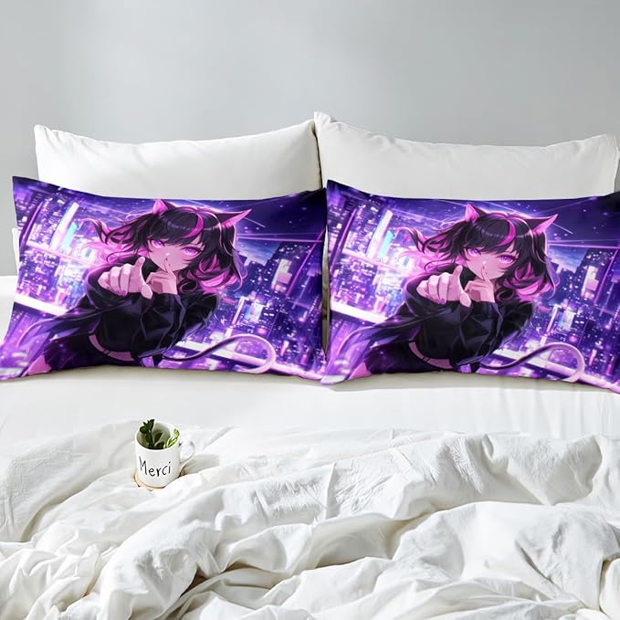 Erosebridal Kids Anime Girl Twin Size Bed Sheets, Japanese Anime Fitted Sheet, Cartoon Girl Bedding Set for Boys Teens Bedroom Decor, Kawaii Japanese Animation Bed Set with 1 Pillow Case
