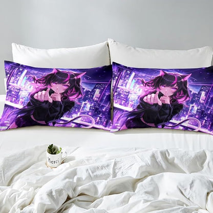 Erosebridal Kids Anime Girl Queen Size Bed Sheets, Japanese Anime Fitted Sheet, Cartoon Girl Bedding Set for Boys Teens Bedroom Decor, Kawaii Japanese Animation Bed Set with 2 Pillow Cases