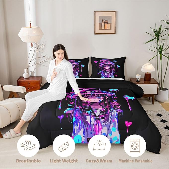 Erosebridal Mushroom Girl Comforter Set for Kids Boys Girls 3D Japanese Girly Bedding Watercolor Graffiti Duvet Set Cute Anime Gifts Comforter King with 2 Pillowcases