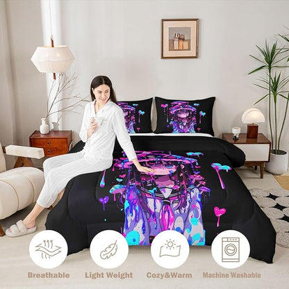 Erosebridal Mushroom Girl Comforter Set for Kids Boys Girls 3D Japanese Girly Bedding Watercolor Graffiti Duvet Set Cute Anime Gifts Comforter Queen with 2 Pillowcases