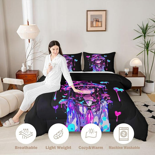 Erosebridal Mushroom Girl Comforter Set for Kids Boys Girls 3D Japanese Girly Bedding Watercolor Graffiti Duvet Set Cute Anime Gifts Comforter Queen with 2 Pillowcases