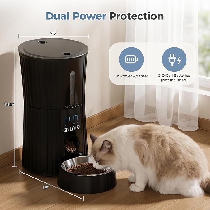 DUMOS 4L Automatic Cat Feeder, Dog Food Dispenser with APP Control, Black | 2.4G WiFi, 10s Voice Recorder, Dual Power, Desiccant Bag, Stainless Steel Bowl, Programmable Feeder for Small Cats and Dogs