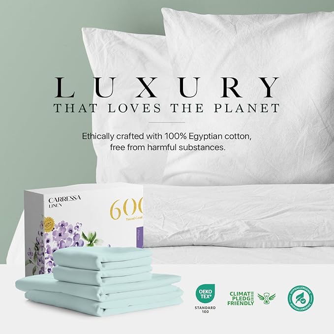 Carressa Linen 100% Egyptian Cotton King Size Sheet Set - Luxury 600 Thread Count Egyptian Cotton Sheets King Size (Sea Foam), Silky Soft, Cooling, Sateen Weave 16" Deep Pocket Hotel Quality Sheets