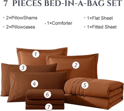 Monbix Oversized Queen Comforter Set - 7 Pieces Burnt Orange Bed in a Bag Oversized Queen Bedding Sets with Comforters, All Seasons Comforter Bed Set with Sheets, Pillowcases & Shams