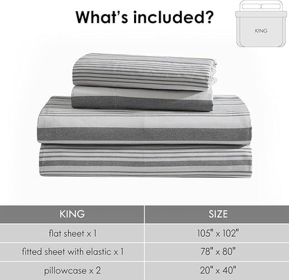 ClevaHome Classic Stripe Sheet Set - 4 Pieces Super Soft & Breathable Bed Sheet Set with Deep Pocket, Enhanced Comfort & Easy Care (King, Stone Stripe)