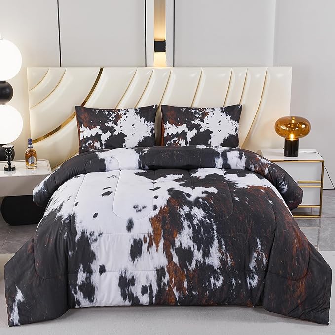 PERFEMET Black King Size Comforter Set 3 Pieces Cow Print Bedding Set Western Farmhouse Rustic Bed Comforter Animal Cowhide Quilt Set for Bedroom Decoration
