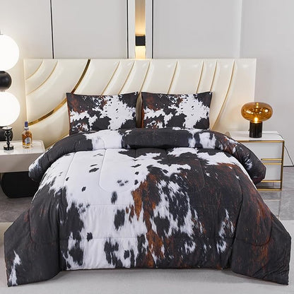 PERFEMET Black King Size Comforter Set 3 Pieces Cow Print Bedding Set Western Farmhouse Rustic Bed Comforter Animal Cowhide Quilt Set for Bedroom Decoration