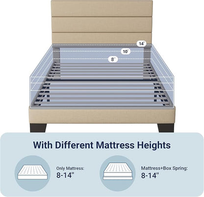 Allewie Twin Size Platform Bed Frame with Fabric Upholstered Headboard | Wooden Slats Support, Fully Upholstered Mattress Foundation, No Box Spring Needed, Easy Assembly, Noise-Free, Beige
