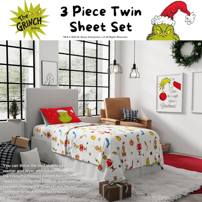 Collectibles Dr. Seuss The Grinch Holiday & Christmas Bedding Super Soft Microfiber 3 Piece Twin Sheet Set, (Officially Licensed Product) by Franco