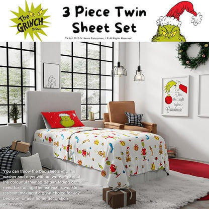 Collectibles Dr. Seuss The Grinch Holiday & Christmas Bedding Super Soft Microfiber 3 Piece Twin Sheet Set, (Officially Licensed Product) by Franco