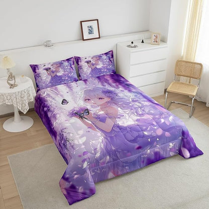 Erosebridal Cute Kawaii Anime Girl Bedding Set Japanese Style Anime Kids Down Comforter Cartoon Print Queen Comforter Set Purple Romantic Flower Butterfly Bed Set 2 Pillow Cases