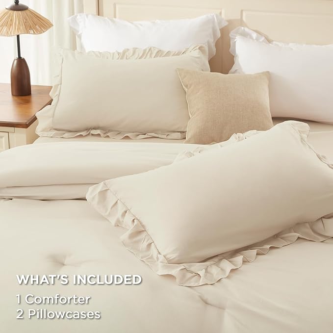 Andency Beige Full Size Comforter Set, 3 Pieces Farmhouse Shabby Chic Ruffle Comforter, Soft Lightweight Fluffy All Season Polyester Bedding Comforter Set for Kids, Girls, Women