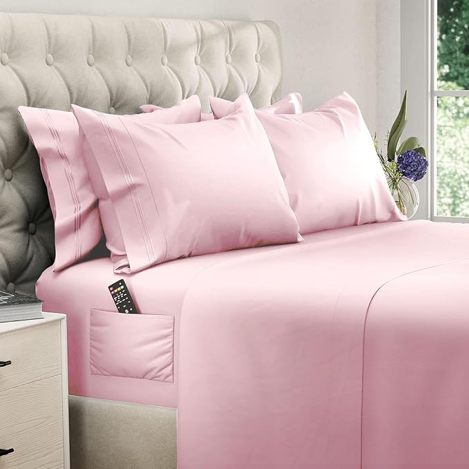 DREAMCARE Queen Sheet Set – 6 pcs Cooling Bed Sheets – up to 15” Deep Sheets Queen Size Bed Set – 2500 Supreme Collection – Extra Soft 100% Brushed Microfiber Hotel Luxury with Side Pocket, Pink