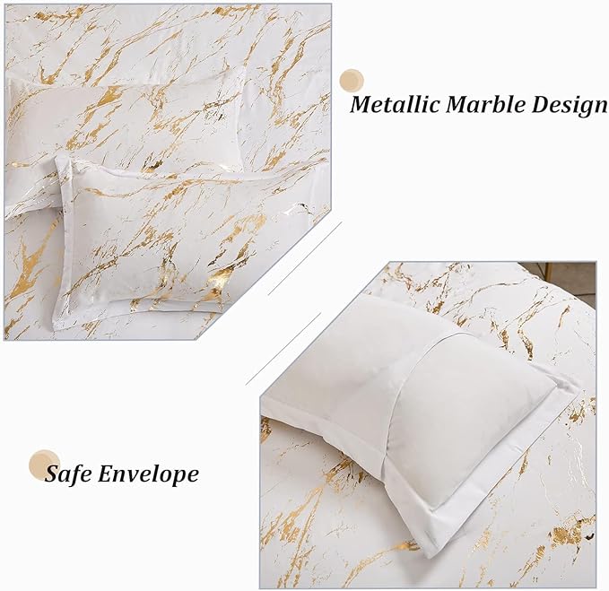 WONGS BEDDING White Gold Metallic Marble Comforter Set Full Foil Print Glitter Bedding Sets with 2 Pillowcases for All Seasons, Soft Microfiber Filling Bedding Duvet Set 78"×90"