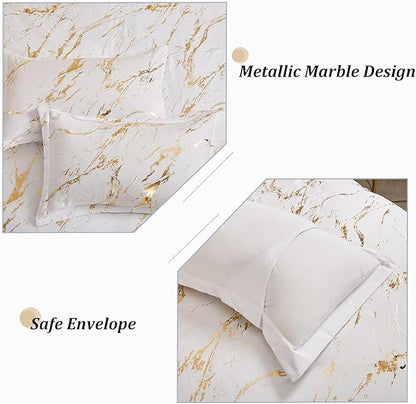 WONGS BEDDING White Gold Metallic Marble Comforter Set Full Foil Print Glitter Bedding Sets with 2 Pillowcases for All Seasons, Soft Microfiber Filling Bedding Duvet Set 78"×90"