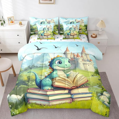 Kawaii Dinosaur Comforter Set King Size,Castle Mountain Scenery Bedding Set for Kids Teens,Cartoon Wild Animal (Comforter+Fitted+Flat Sheet+2 Pillowcases+2 Throw Pillow Covers) 7 Pieces
