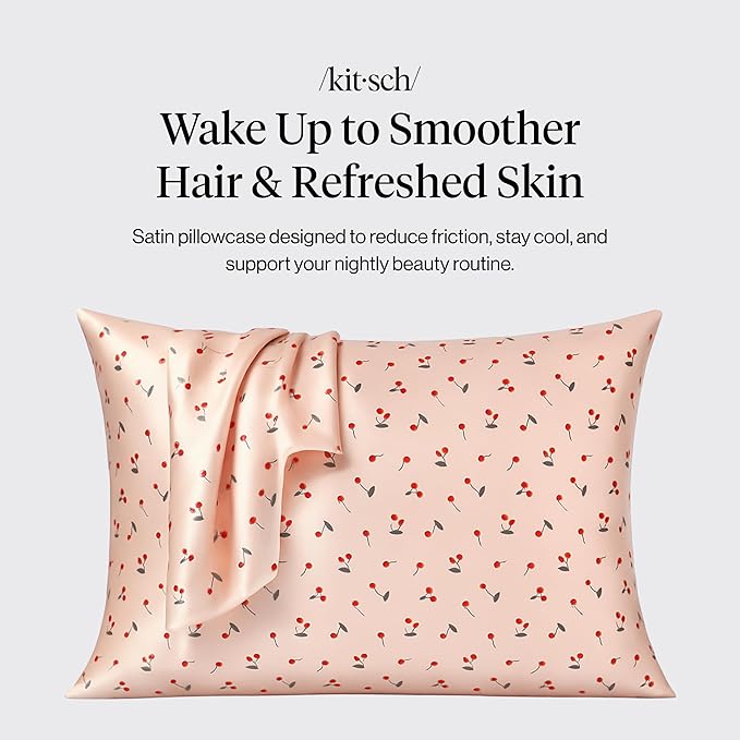 Kitsch Satin Pillowcase with Zipper for Hair & Skin - Softer Than Silk Pillow Cases, Smooth Cooling Satin Pillow Case, Wrinkle-Free, Machine Washable, Pillow Cases Standard Size 19x26 - Cherry Print
